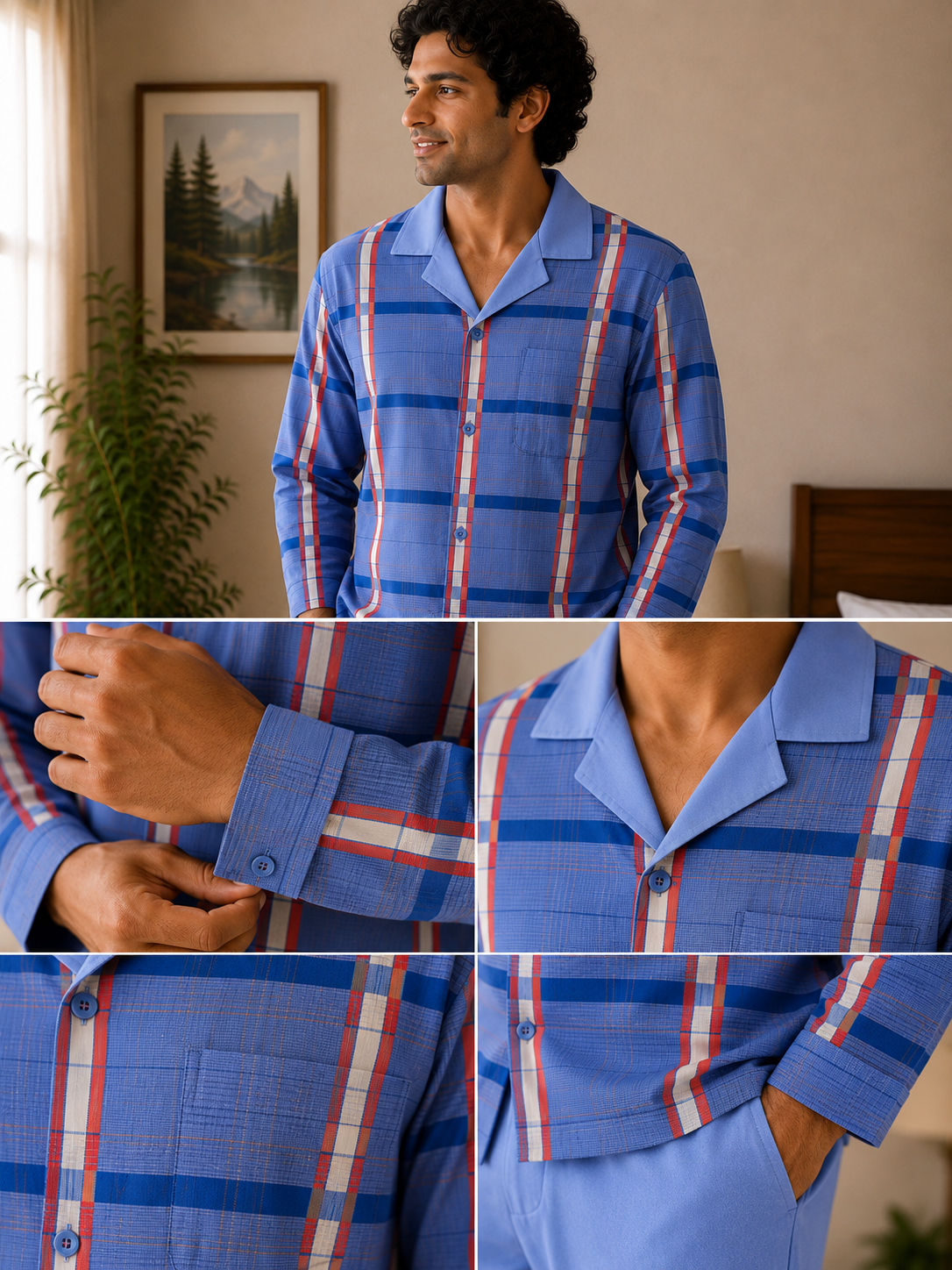 Men Cotton Night Suit - Light Blue Check