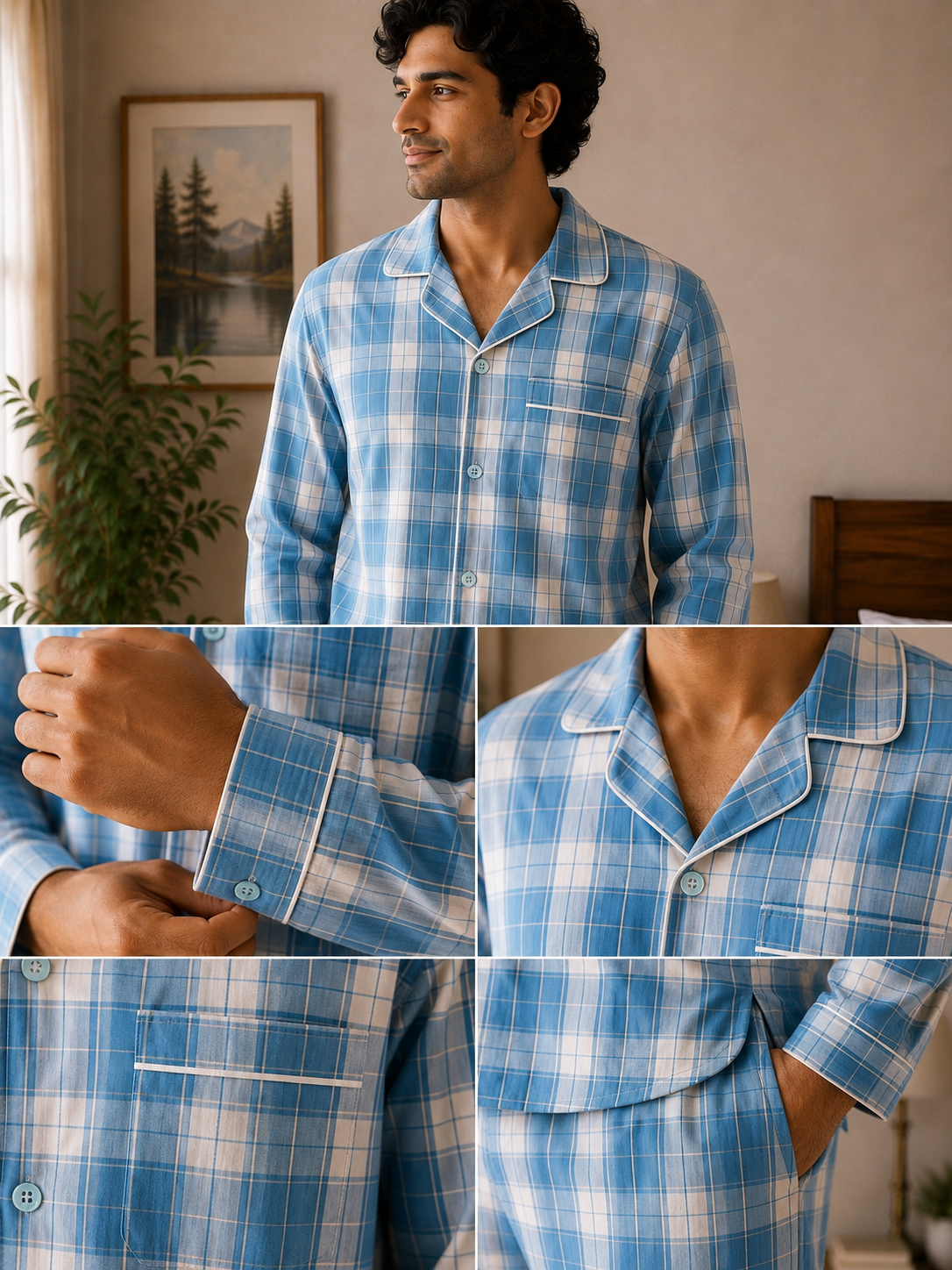Men Cotton Night Suit - Sky Blue Check