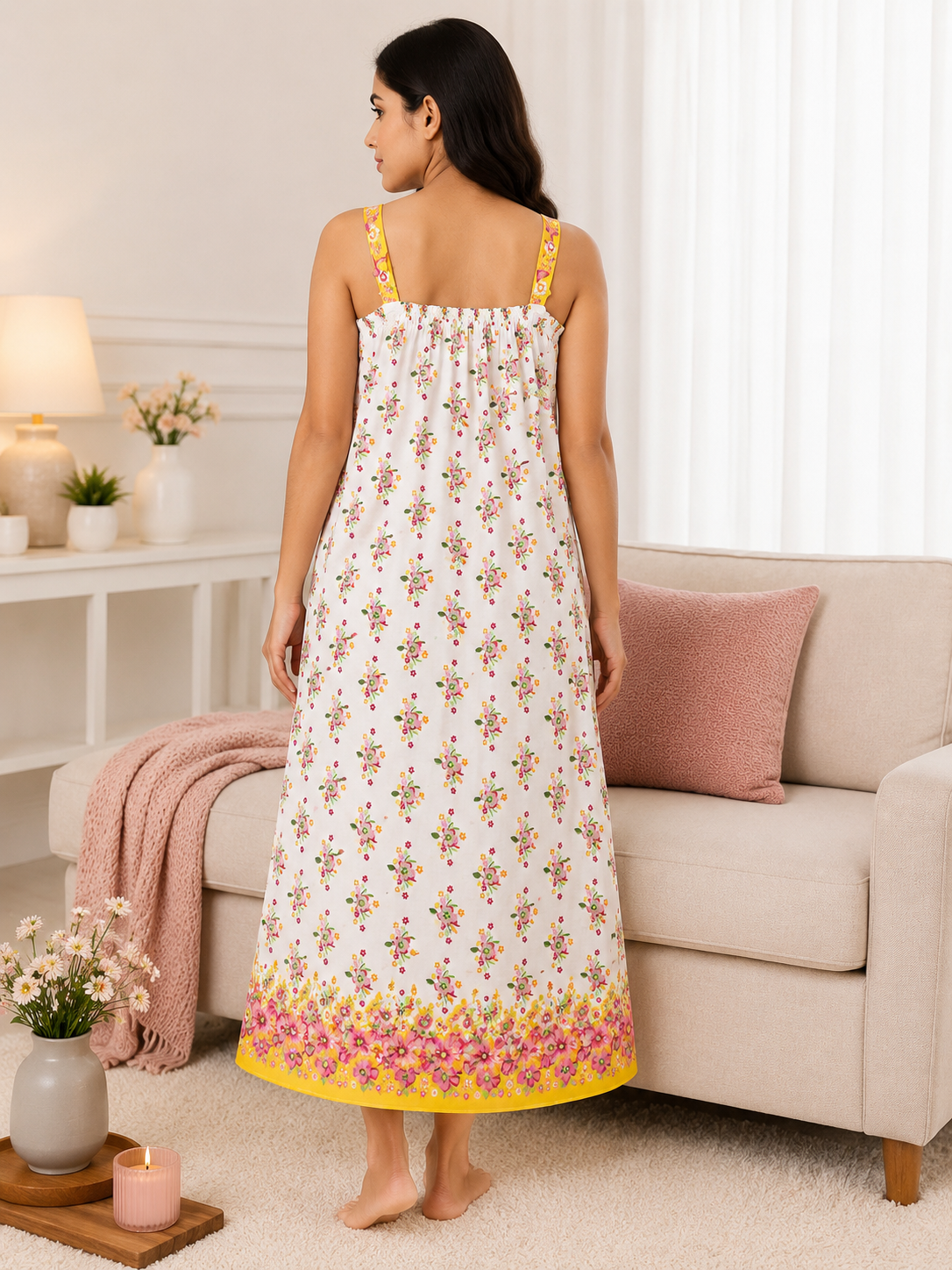 SnugNest Women’s Premium Cotton Floral Strap Nighty