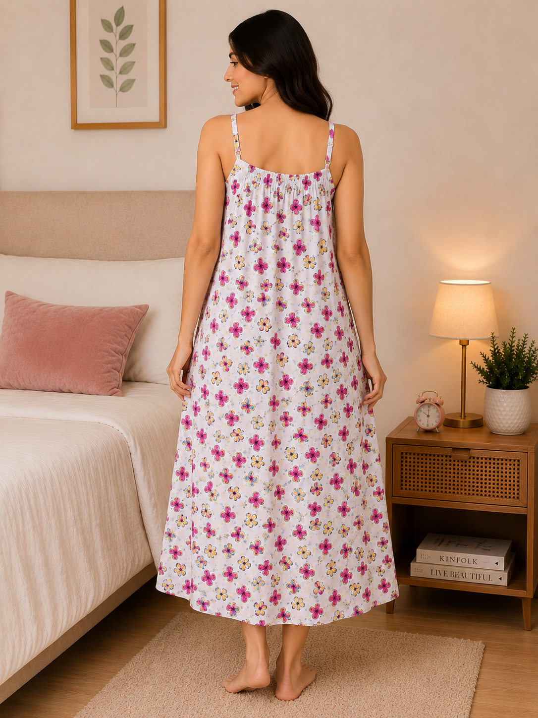 SnugNest Women’s Premium Cotton Floral Strap Nighty