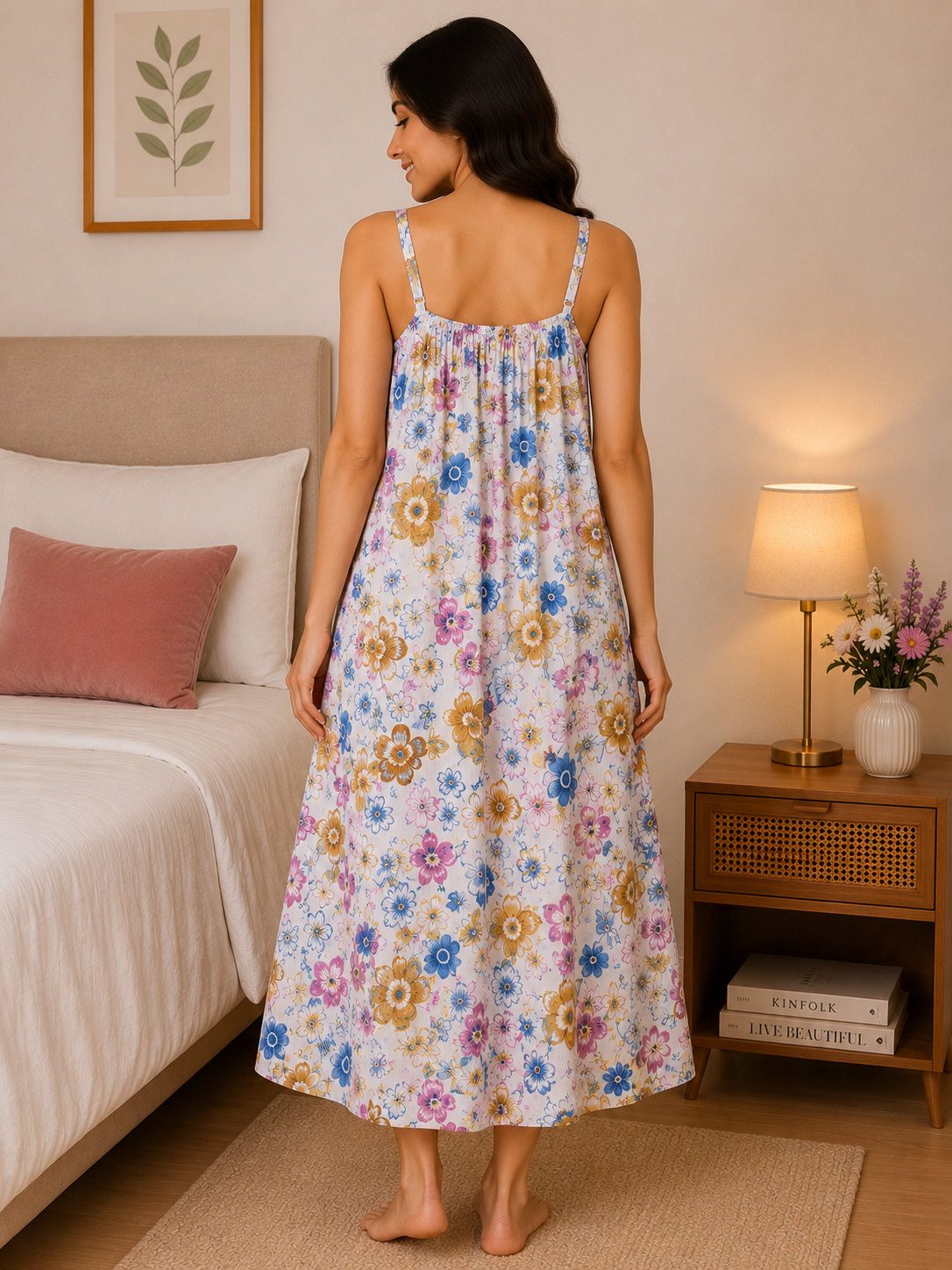 SnugNest Women's Premium Cotton Floral Strap Nighty