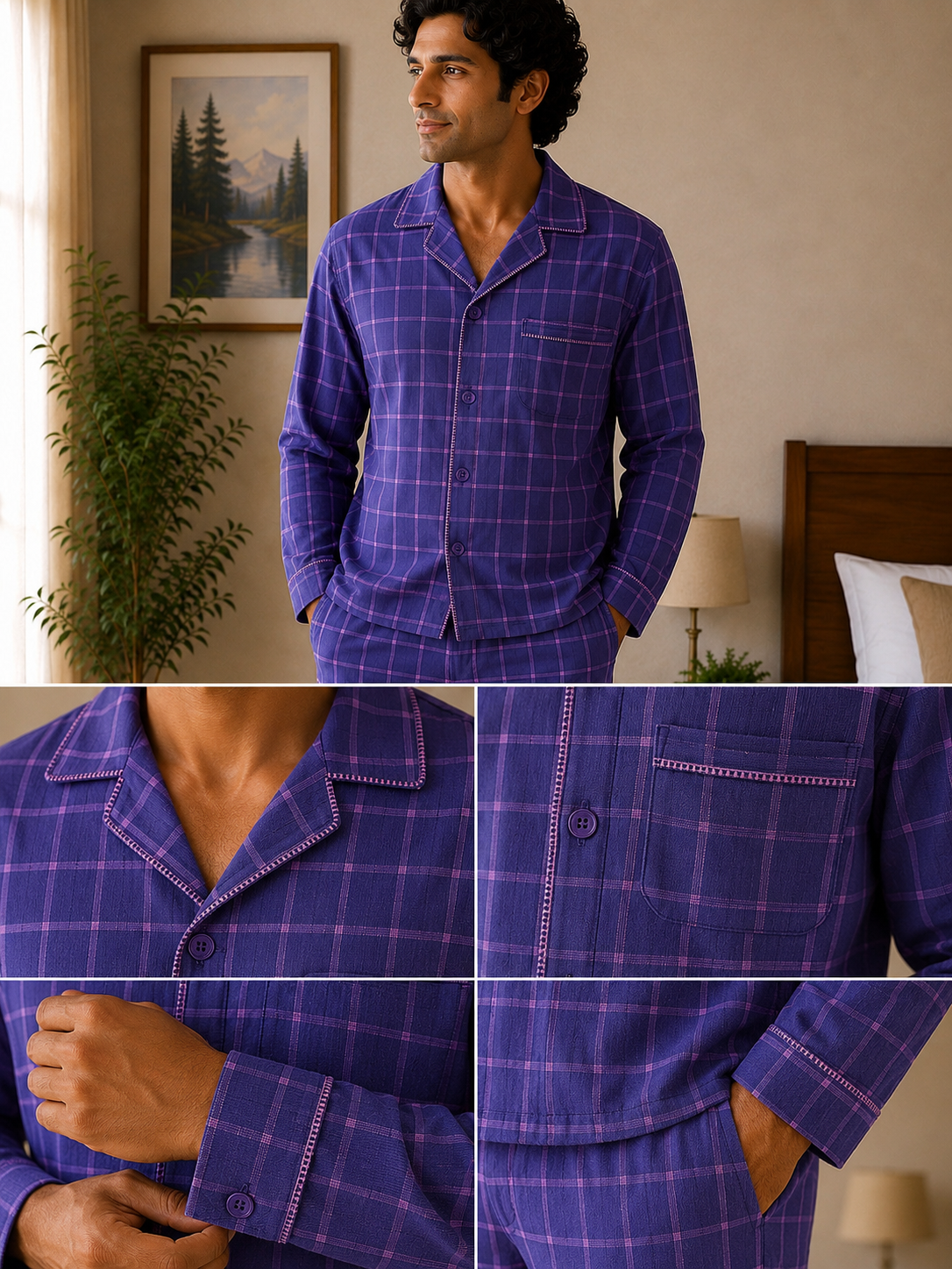 Men Cotton Night Suit - Purple Check