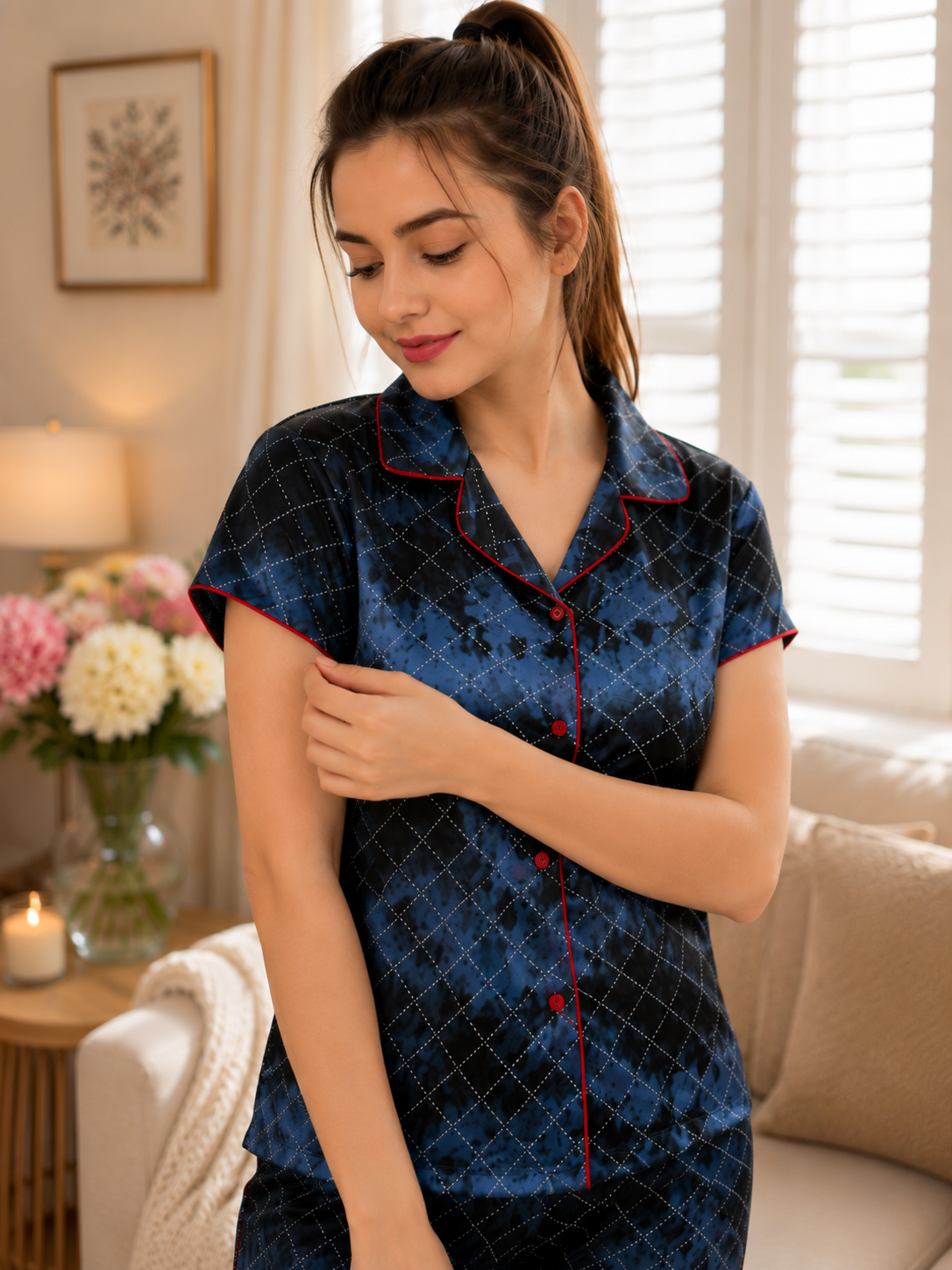 SnugNest Navy Blue Cross Hosiery Night Suit For Women