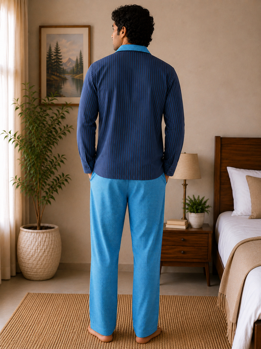 Men Cotton Night Suit - Navy Blue Strip