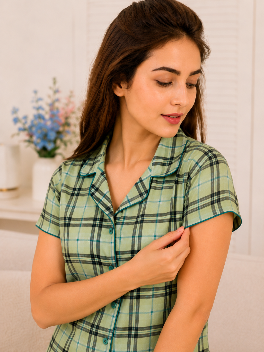 SnugNest Green Check Hoseiry Night Suit For Women