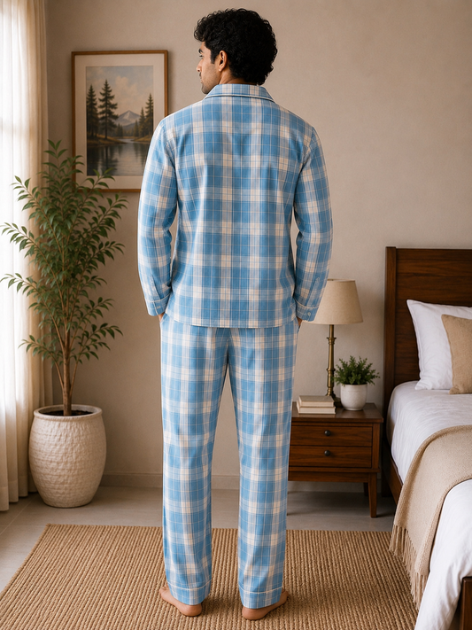 Men Cotton Night Suit - Sky Blue Check