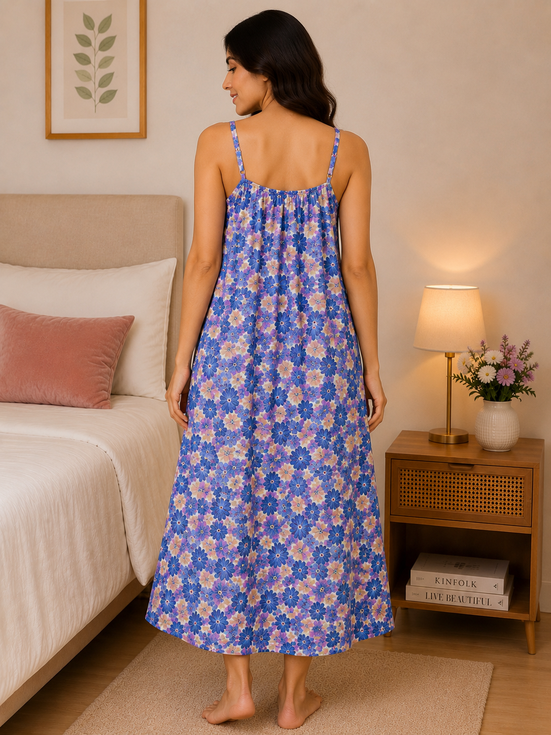SnugNest Women’s Premium Cotton Floral Strap Nighty