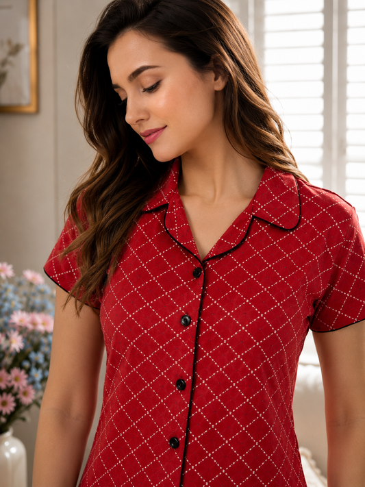 SnugNest Red Cross Hosiery Night Suit For Women