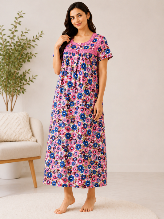 SnugNest Women’s Premium Cotton Floral Nighty