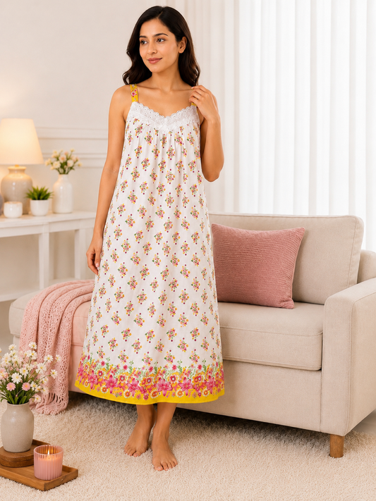 SnugNest Women’s Premium Cotton Floral Strap Nighty