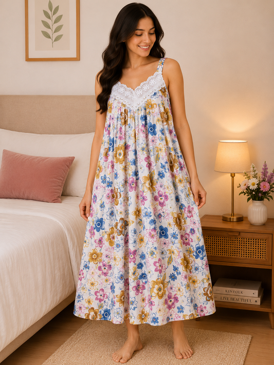 SnugNest Women's Premium Cotton Floral Strap Nighty