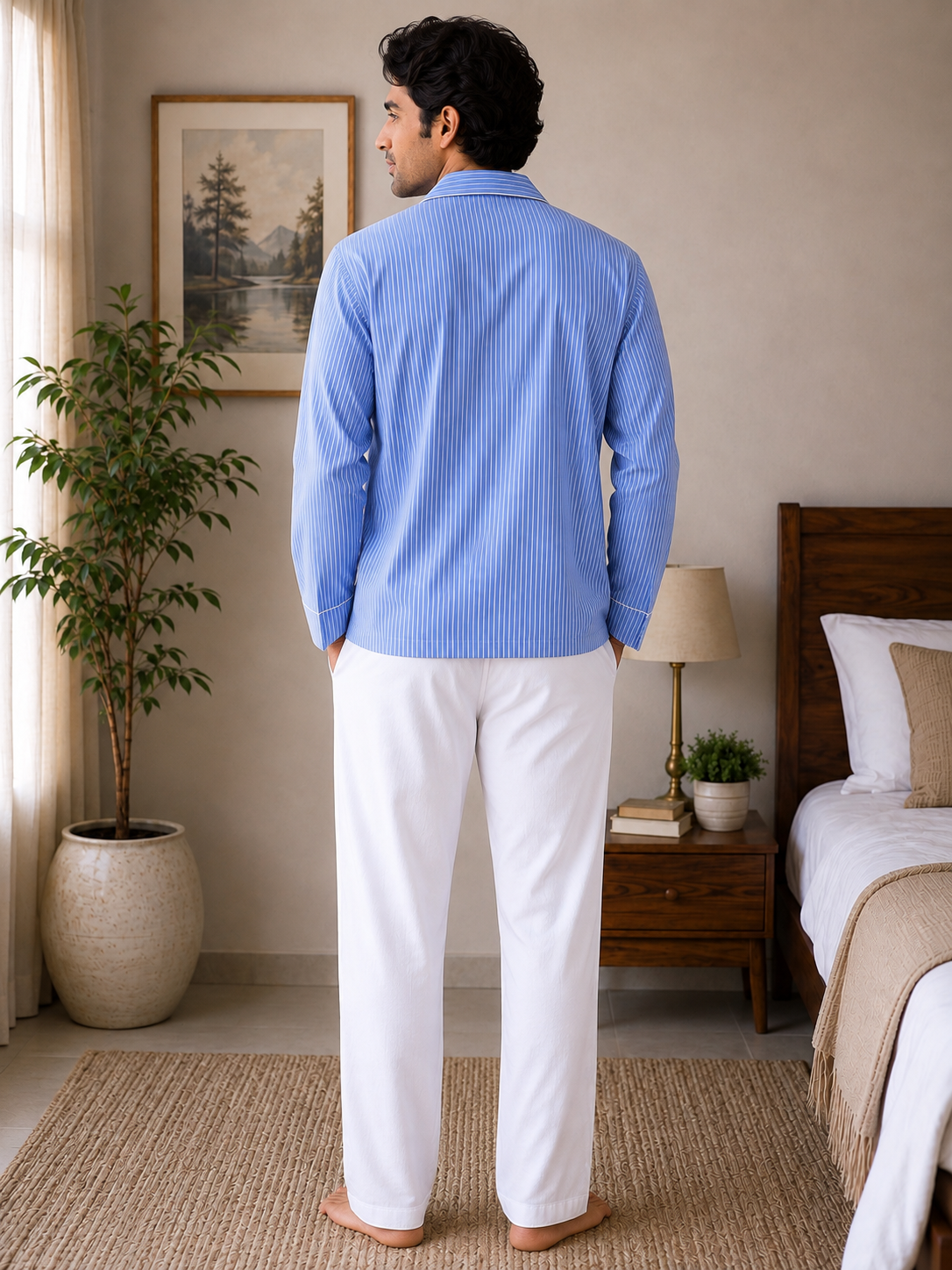 Men Cotton Night Suit - Light Blue Strip
