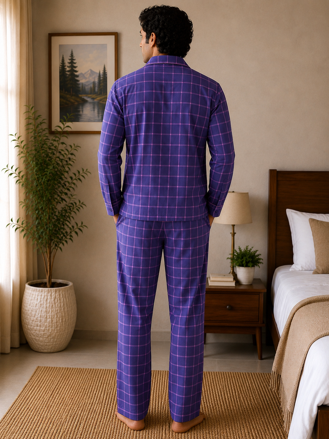 Men Cotton Night Suit - Purple Check