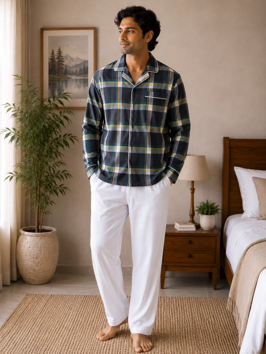 Men Cotton Night Suit – Green Check