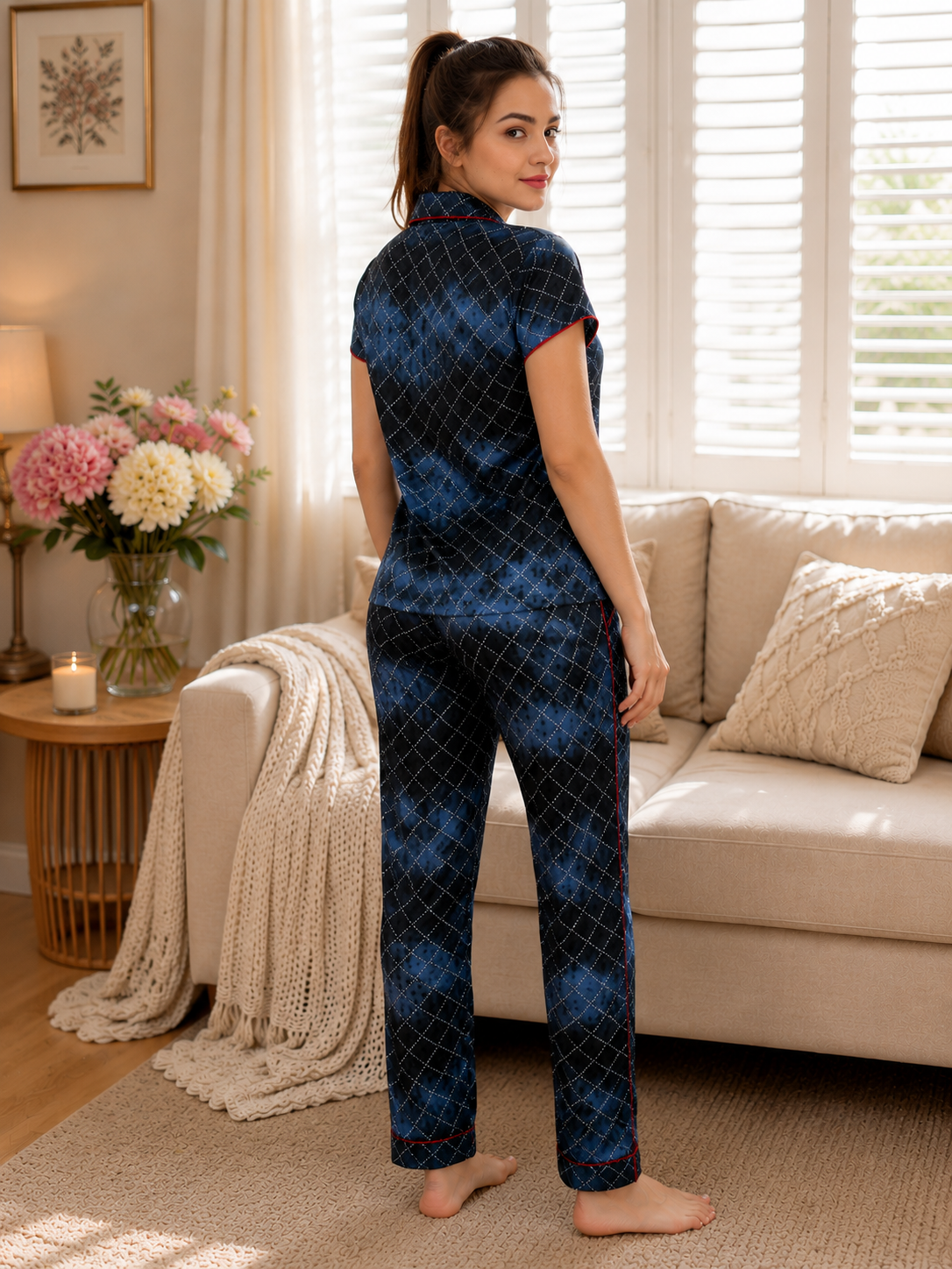 SnugNest Navy Blue Cross Hosiery Night Suit For Women