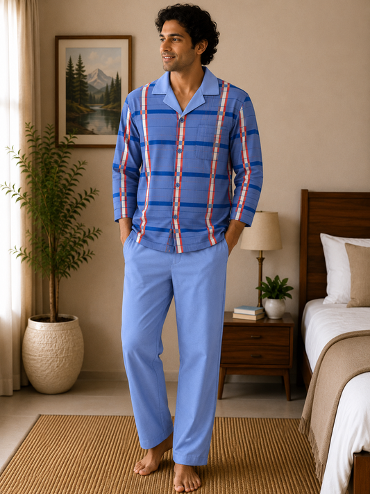 Men Cotton Night Suit - Light Blue Check
