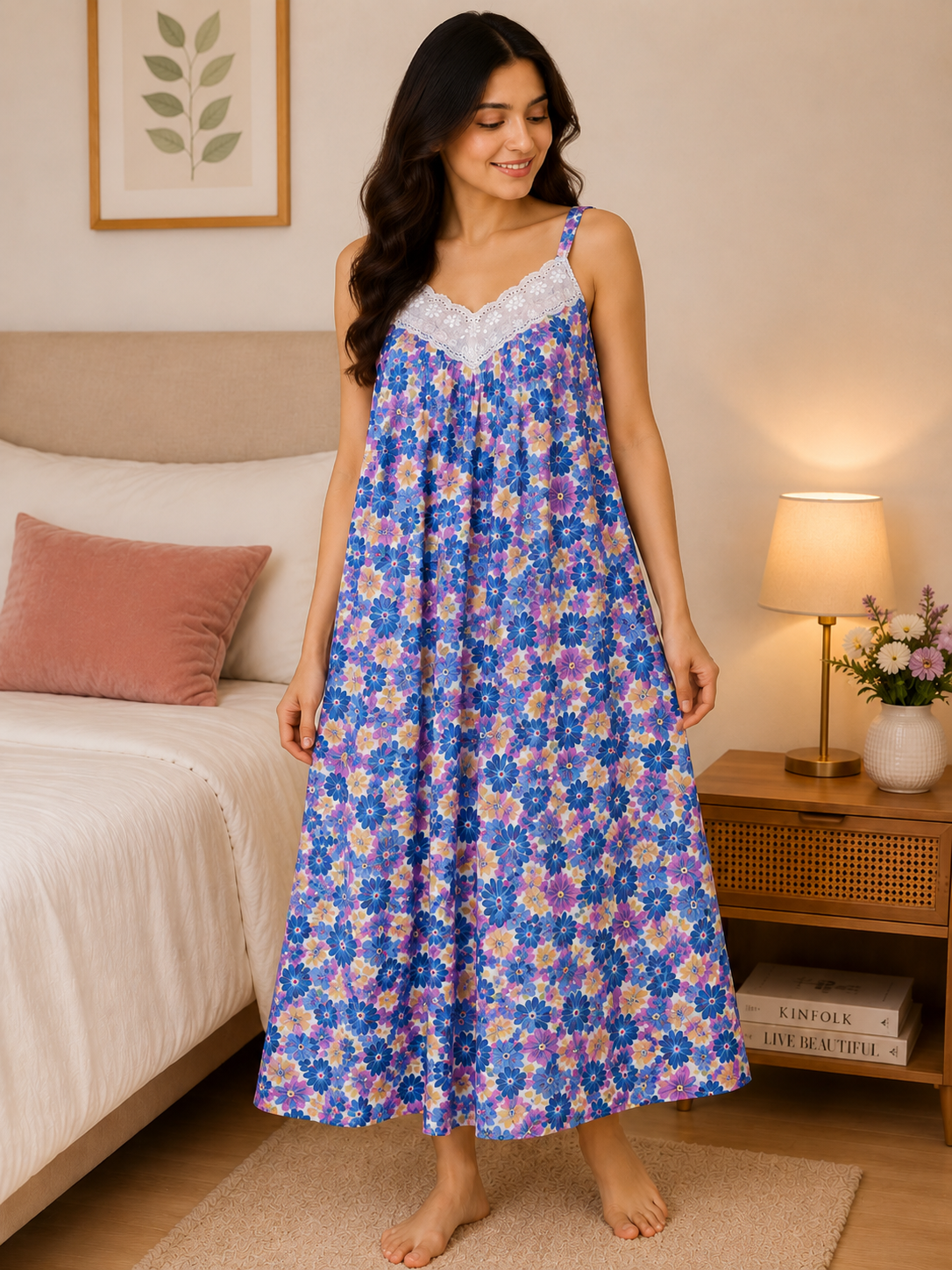 SnugNest Women’s Premium Cotton Floral Strap Nighty