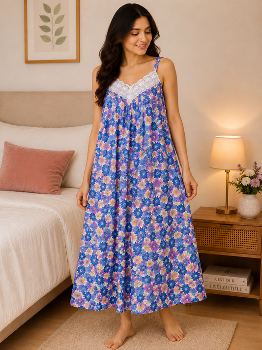 SnugNest Women’s Premium Cotton Floral Strap Nighty