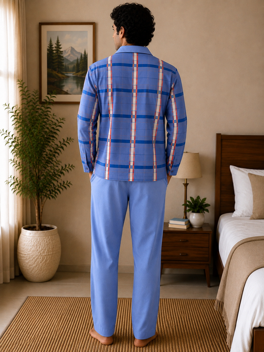 Men Cotton Night Suit - Light Blue Check