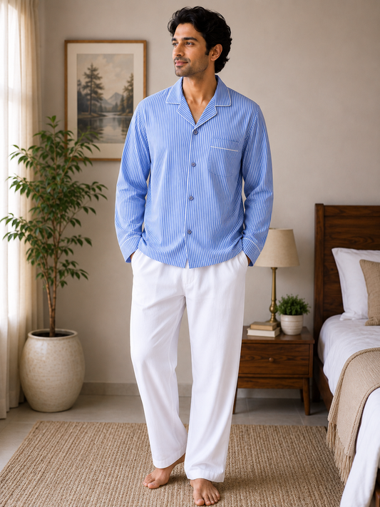 Men Cotton Night Suit - Light Blue Strip
