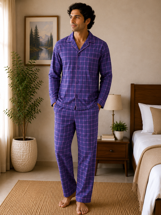 Men Cotton Night Suit - Purple Check
