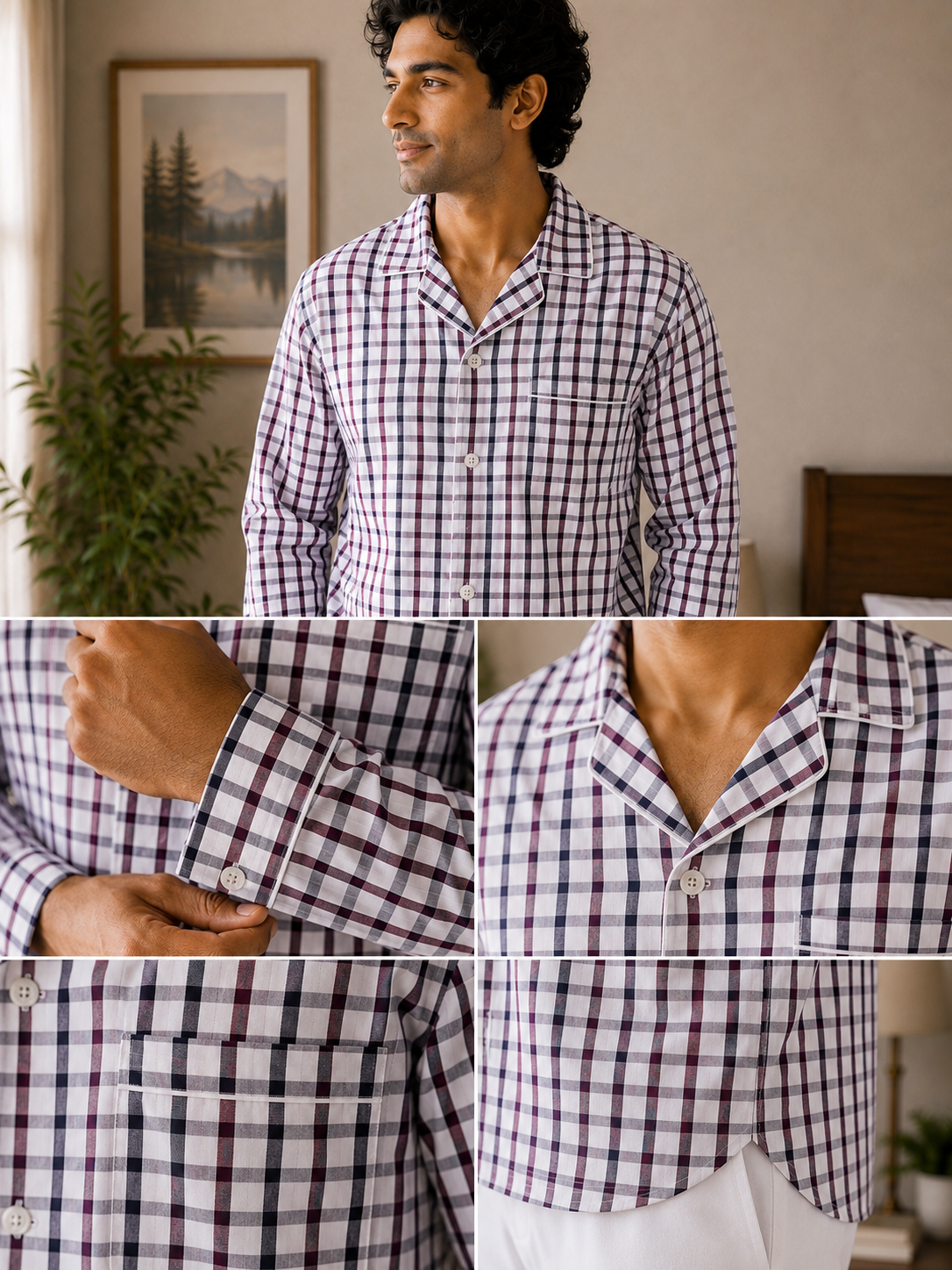 Men Cotton Night Suit - Maroon Check