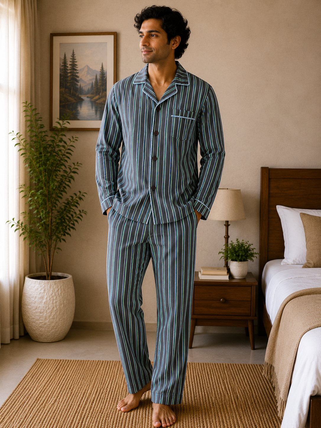 Men Cotton Night Suit - Blue Strip