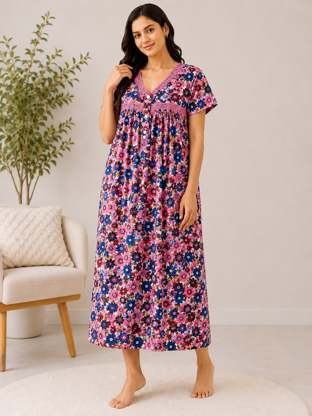 SnugNest Women’s Premium Cotton Floral Nighty