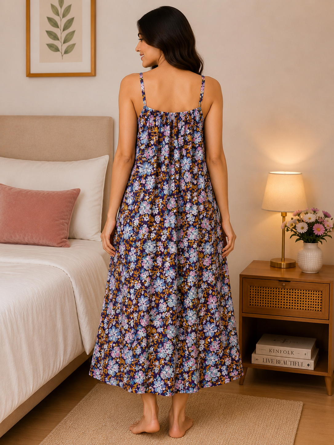 SnugNest Women’s Premium Cotton Floral Strap Nighty