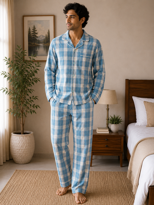 Men Cotton Night Suit - Sky Blue Check