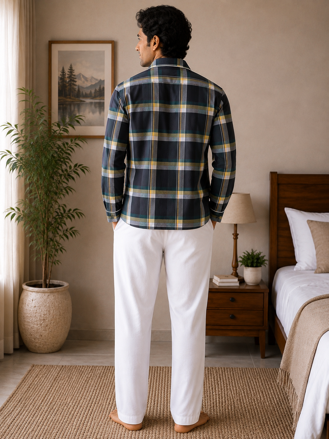 Men Cotton Night Suit – Green Check