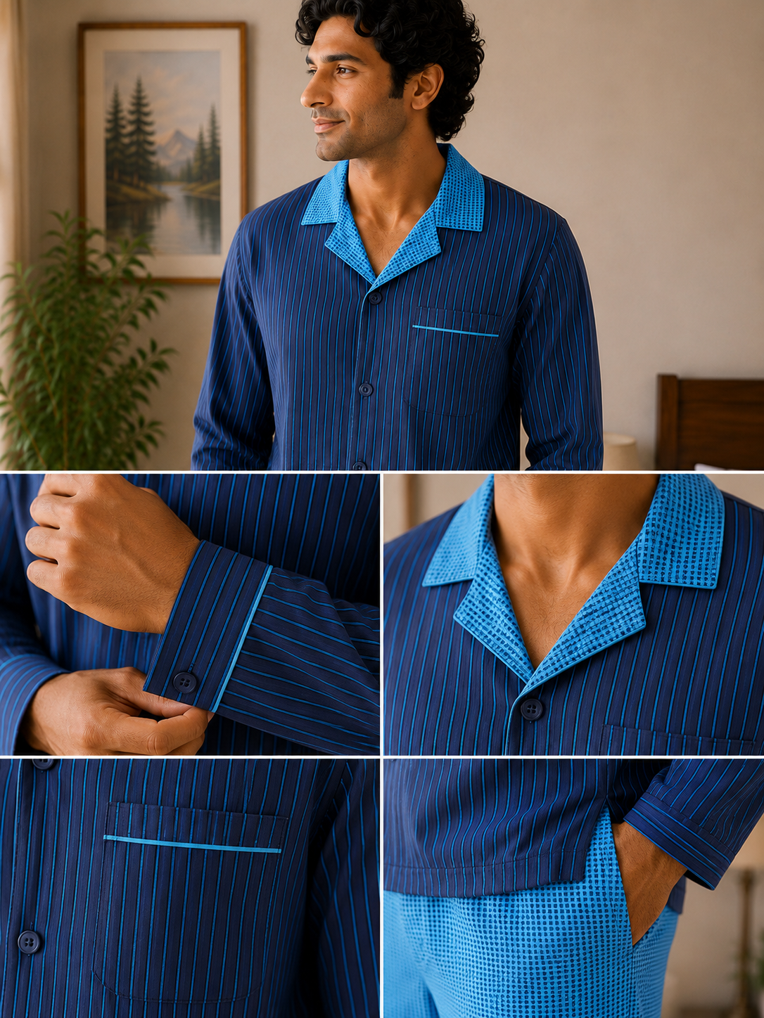 Men Cotton Night Suit - Navy Blue Strip