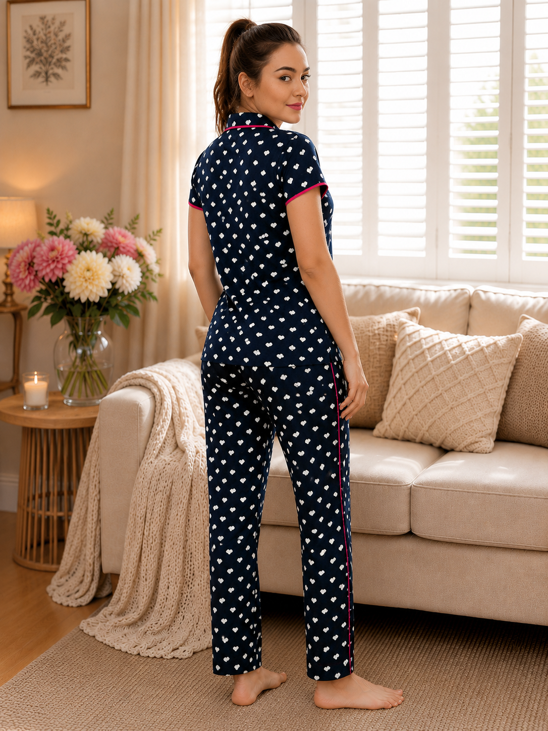 SnugNest Heart Print Blue Hosiery Night Suit For Women