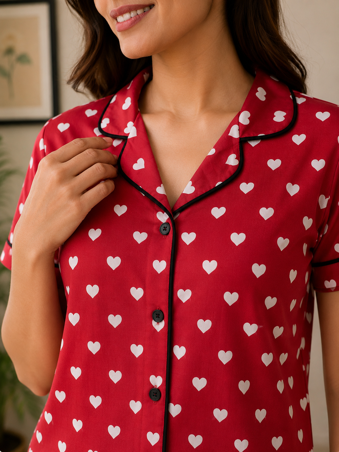 Women Heart Print Red Hoseiry Night Suit
