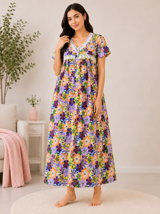 SnugNest Women’s Premium Cotton Floral Nighty
