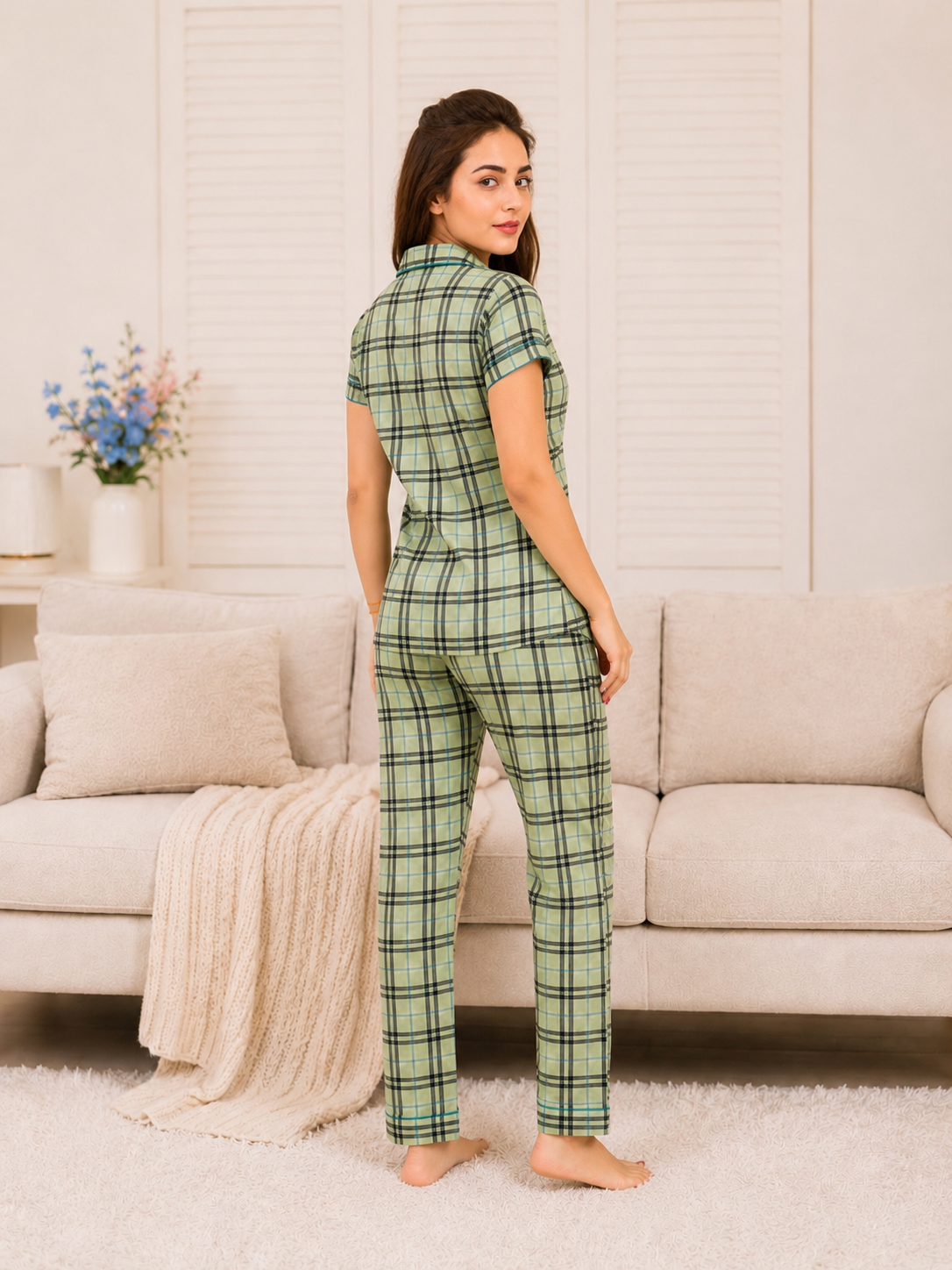 SnugNest Green Check Hoseiry Night Suit For Women