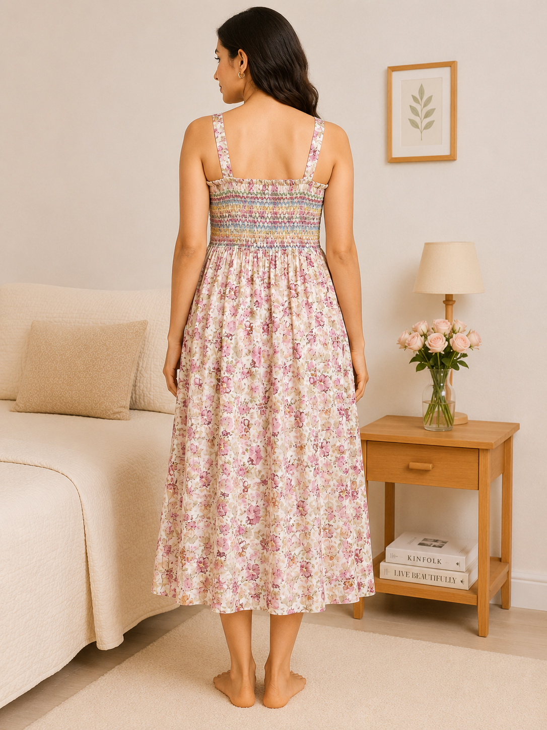 SnugNest Women’s Premium Cotton Floral Smocked Nighty