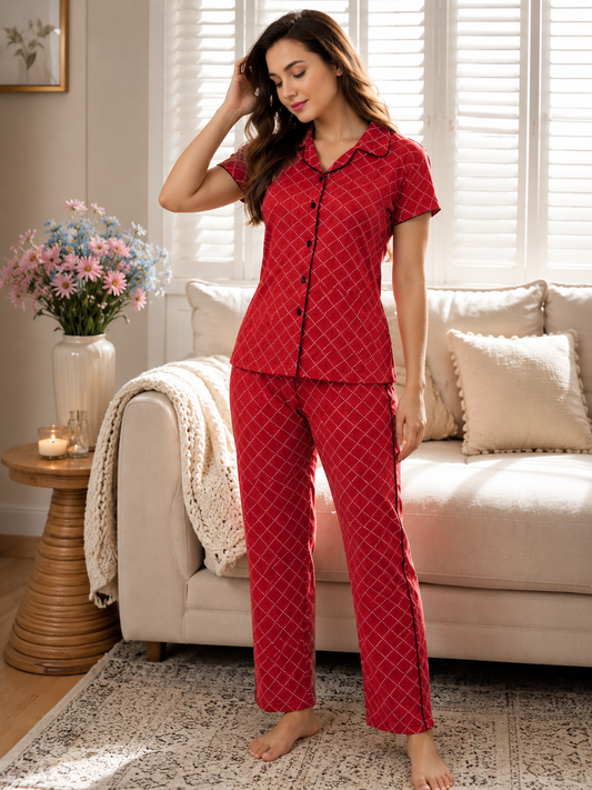 SnugNest Red Cross Hosiery Night Suit For Women