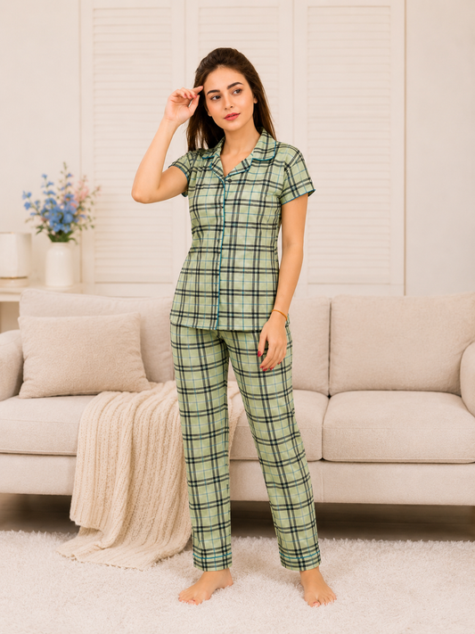SnugNest Green Check Hoseiry Night Suit For Women