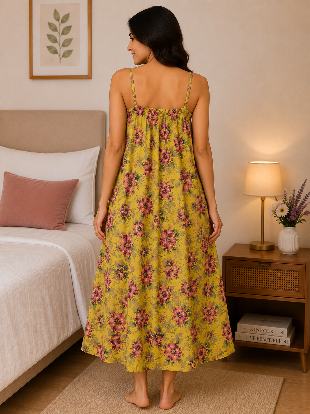 SnugNest Women’s Premium Cotton Floral Strap Nighty