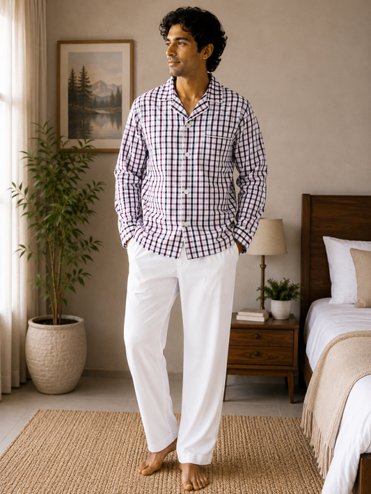 Men Cotton Night Suit - Maroon Check