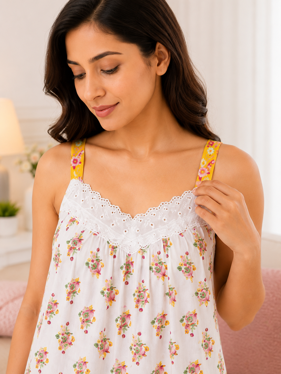 SnugNest Women’s Premium Cotton Floral Strap Nighty