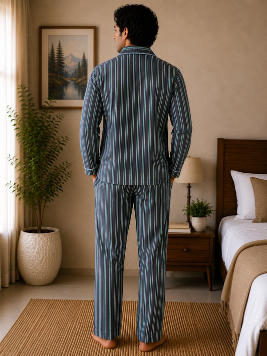 Men Cotton Night Suit - Blue Strip
