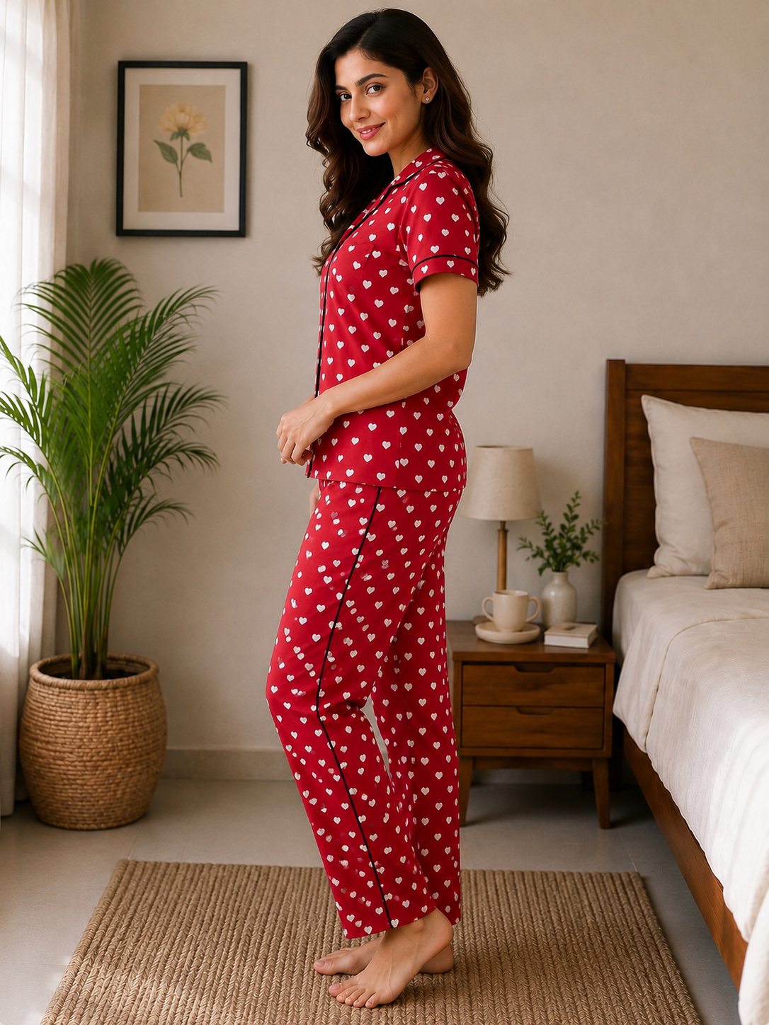 Women Heart Print Red Hoseiry Night Suit