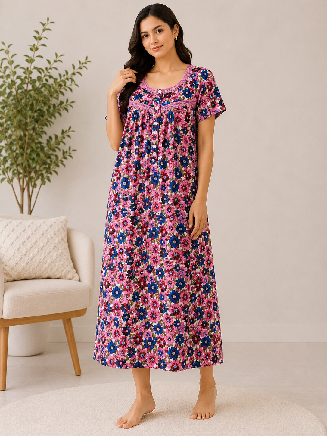 SnugNest Women’s Premium Cotton Floral Nighty