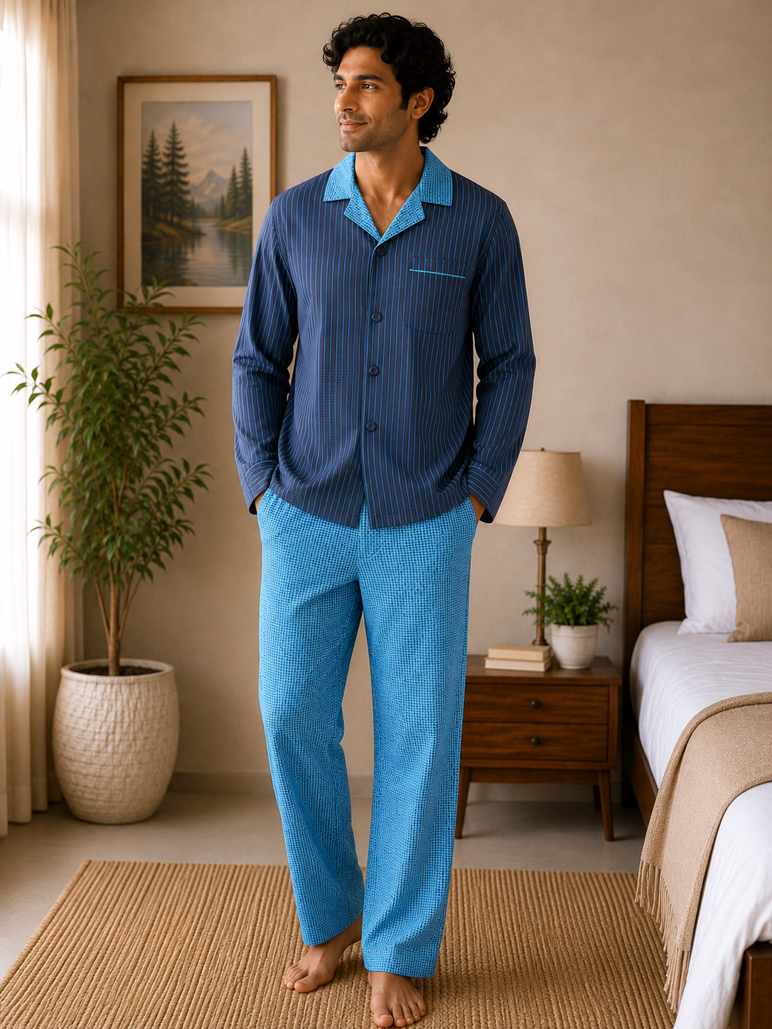 Men Cotton Night Suit - Navy Blue Strip