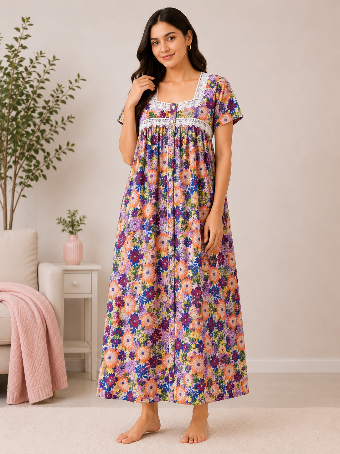 SnugNest Women’s Premium Cotton Floral Nighty
