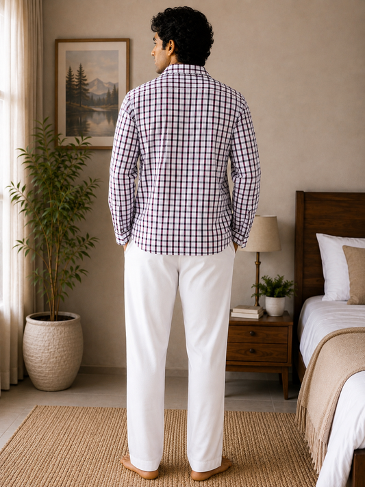 Men Cotton Night Suit - Maroon Check