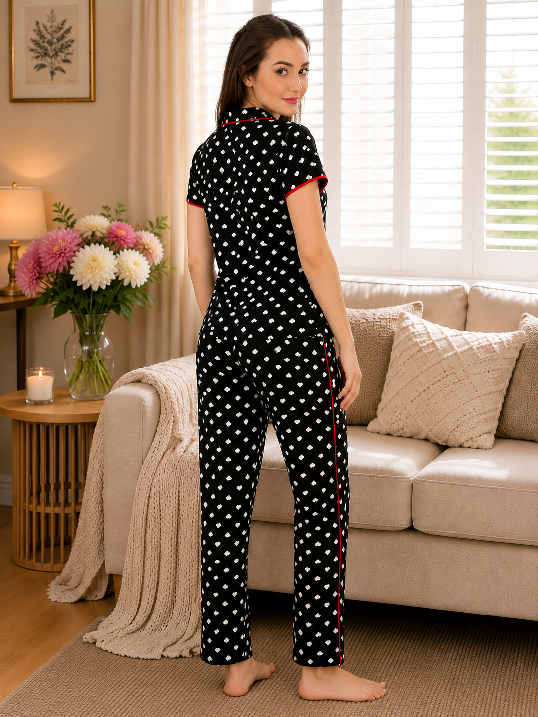 Women Heart Print Black Hosiery Night Suit