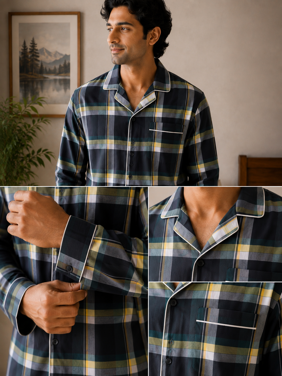 Men Cotton Night Suit – Green Check
